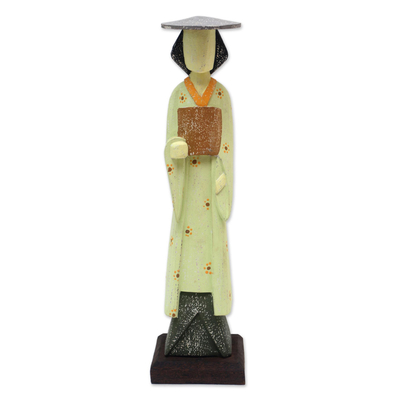Escultura de madera - Escultura de madera artesanal de una mujer en un kimono
