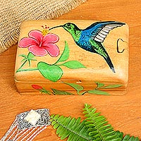 Hummingbird-Themed Suar Wood Jewelry Box,'Humming Along'