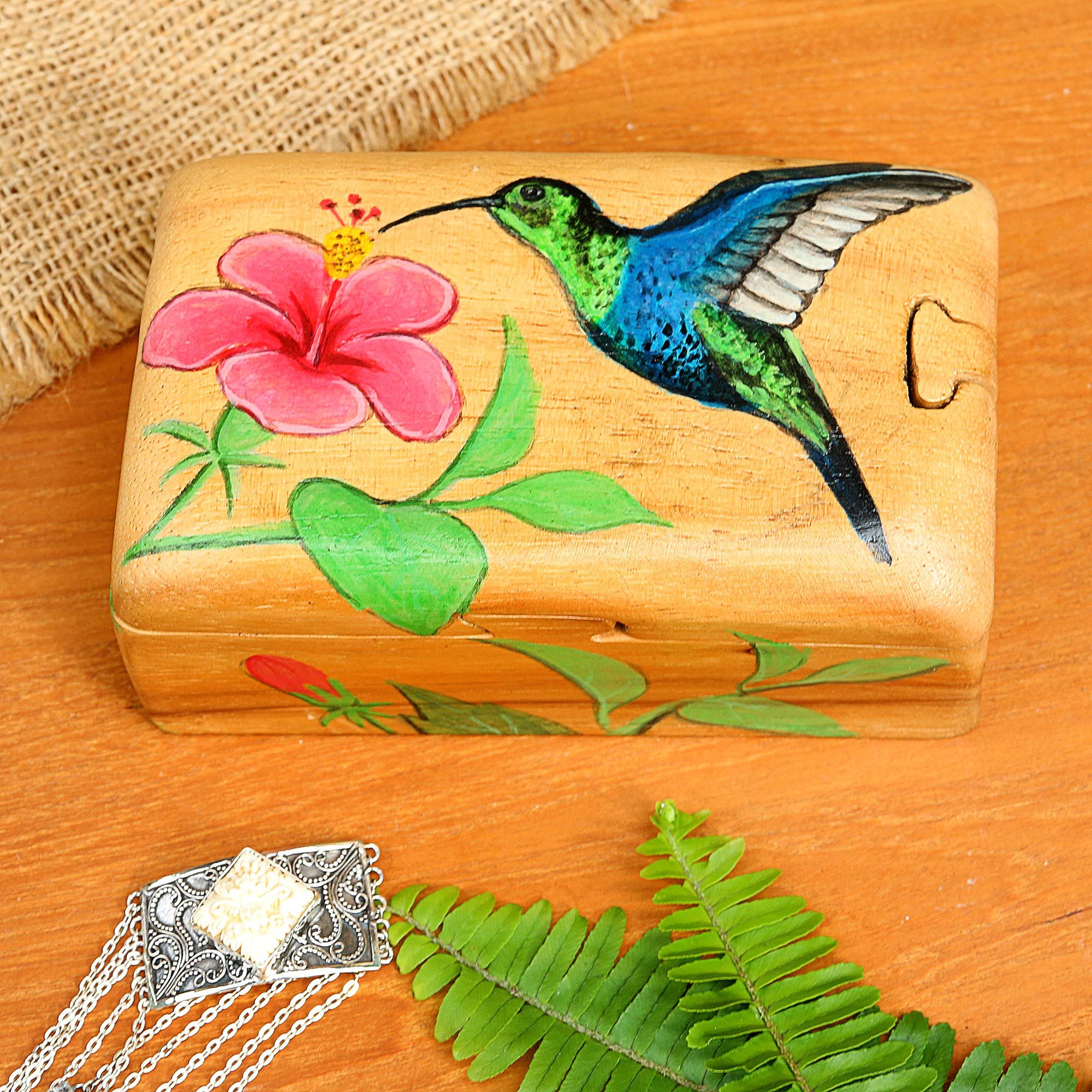 Hummingbird-Themed Suar Wood Jewelry Box Humming Along NOVICA