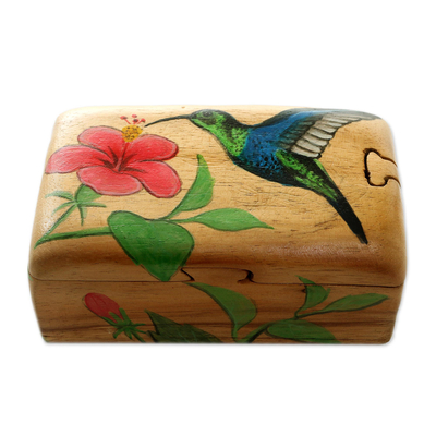 Hummingbird-Themed Suar Wood Jewelry Box