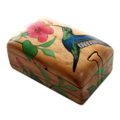 Wood jewelry box, 'Humming Along' - Hummingbird-Themed Suar Wood Jewelry Box