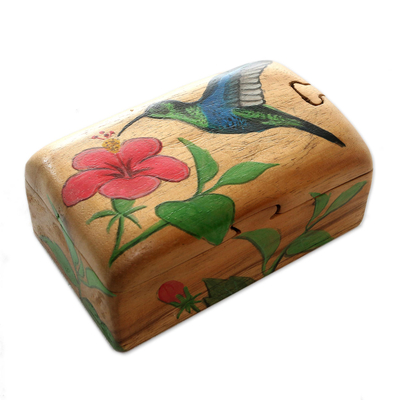 Schmuckschatulle aus Holz - Schmuckschatulle aus Suar-Holz mit Kolibri-Motiv