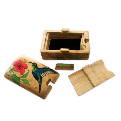 Wood Jewellery box, 'Humming Along' - Hummingbird-Themed Suar Wood Jewellery Box
