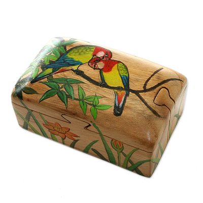 Holz-Schmuckkästchen, 'Love Birds' - Handgeschnitztes Papagen-Motiv Holz-Schmuckkästchen