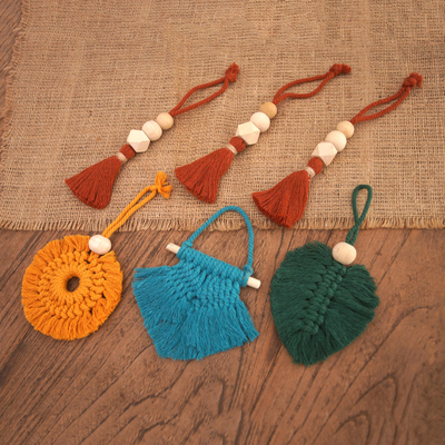 Hand-woven cotton holiday ornaments, 'Colorful Mistletoe' (set of 6) - Colorful Cotton and Bamboo Holiday Ornaments (Set of 6)