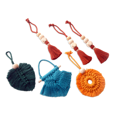 Handgewebte Weihnachtsornamente aus Baumwolle (6er-Set) - Bunte Weihnachtsornamente aus Baumwolle und Bambus (6er-Set)