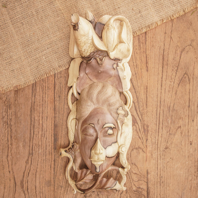 Wood mask, 'Tri Hita Karana' - Hand Carved Hibiscus Wood Mask from Bali