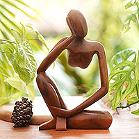 Wood statuette, 'Common Dream' - Hand Crafted Suar Wood Statuette