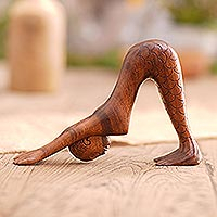 Hand Carved Suar Wood Yoga Statuette,'Parvatasana'