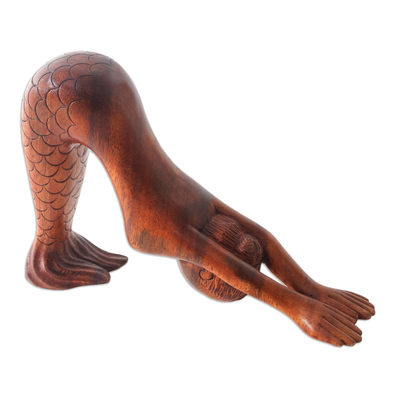Wood statuette, 'Parvatasana' - Hand Carved Suar Wood Yoga Statuette