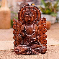 Wood sculpture, 'King of Kings' - Hand Carved Suar Wood Buddha Sculpture