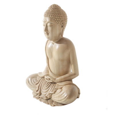 Wood sculpture, 'Buddha Affirms' - Handmade Crocodile Wood Buddha Sculpture