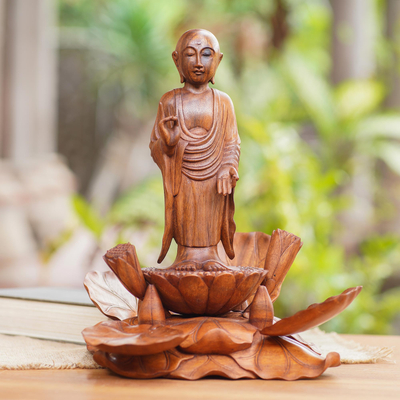 Wood sculpture, 'Meditating Bitsu' - Hand Made Suar Wood Meditation Sculpture