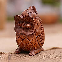 Wood eyeglass holder, 'To See You in Brown' - Hand Carved Suar Wood Owl Eyeglass Holder