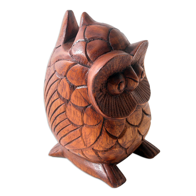 Wood eyeglass holder, 'To See You in Brown' - Hand Carved Suar Wood Owl Eyeglass Holder
