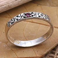 Garnet single stone ring, 'Dainty Frangipani' - Garnet and Sterling Silver Single Stone Ring