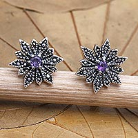 Amethyst button earrings, 'Purple Horizon' - Sterling Silver and Amethyst Button Earrings