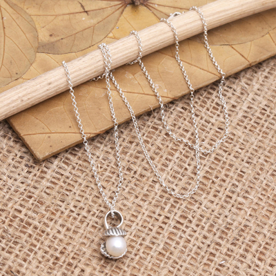 Cultured pearl pendant necklace, 'Happy as a Clam' - Cultured Pearl and Sterling Silver Pendant Necklace