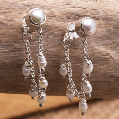 Cultured pearl dangle earrings, 'Pearl Lights' - Sterling Silver and Cultured Pearl Dangle Earrings
