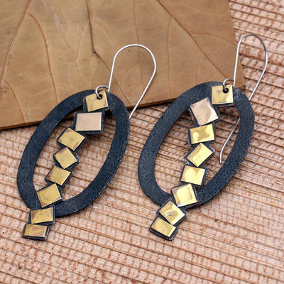 Brass- and copper-plated dangle earrings, 'Abstract Path' - Handmade Copper and Brass Dangle Earrings