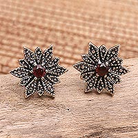 Garnet button earrings, 'Warm Horizon' - Sterling Silver and Garnet Button Earrings