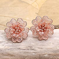 Rose gold-plated filigree button earrings, 'Rose Belle' - Rose Gold-Plated Filigree Button Earrings