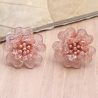 Rose gold-plated filigree button earrings, 'Rose Belle' - Rose Gold-Plated Filigree Button Earrings