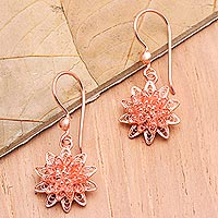Rose gold-plated filigree dangle earrings, 'Holy Flower' - Rose Gold-Plated Filigree Dangle Earrings