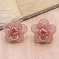Rose gold-plated filigree button earrings, Delicate Plumeria
