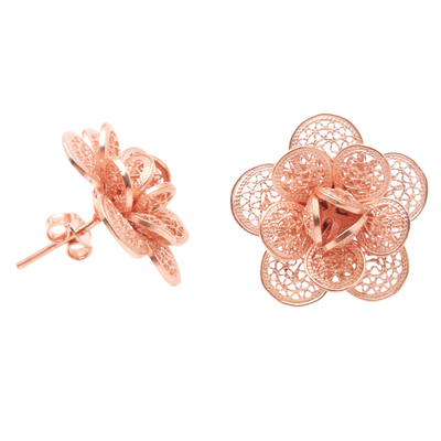Rose gold-plated filigree button earrings, 'Delicate Plumeria' - Rose Gold-Plated Floral Button Earrings