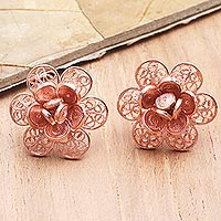 Rose gold-plated filigree button earrings, 'Delicate Frangipani' - Rose Gold-Plated Button Earrings from Bali