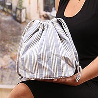 Hand-woven cotton drawstring bag, 'Soft Ocean' - Handmade Cotton Drawstring Sling Bag