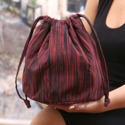 Hand-woven cotton drawstring bag, 'Runaway Red' - Hand-Woven Cotton Drawstring Sling Bag