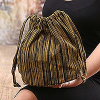 Hand-woven cotton drawstring bag, 'Dark Shimmer' - Hand-Woven Cotton Sling Bag from Java