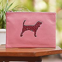 Leather clutch, 'Dog's Life in Pink' - Hand Crafted Dog-Themed Leather Clutch