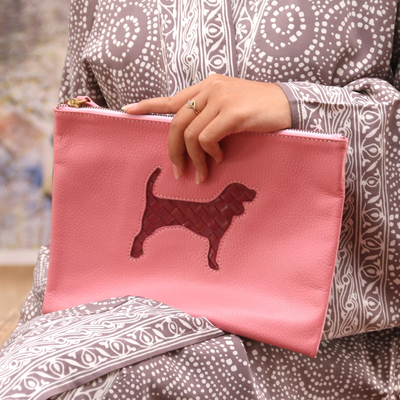 Leather clutch, 'Dog's Life in Pink' - Hand Crafted Dog-Themed Leather Clutch