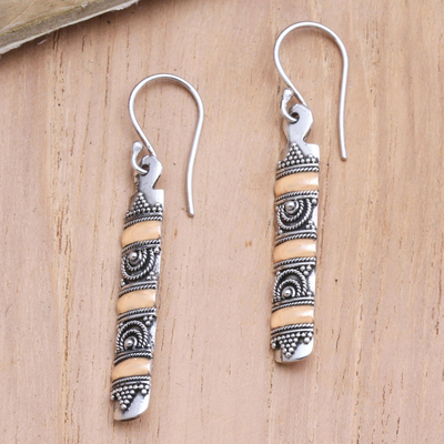 Gold-accented dangle earrings, 'Golden Bands' - Gold-Accented Sterling Silver Dangle Earrings