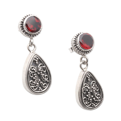 Garnet dangle earrings, 'Mystic Leaves in Red' - Sterling Silver and Garnet Dangle Earrings from Bali