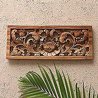Wood relief panel, 'Lotus Lake' - Handmade Suar Wood Lotus-Motif Relief Panel