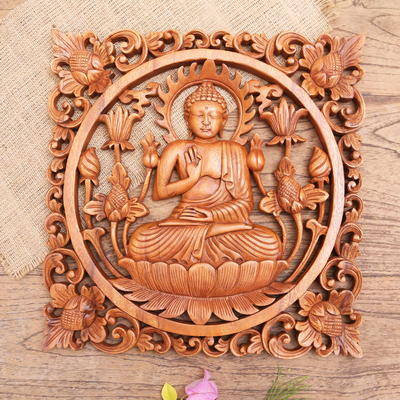 Panel en relieve de madera - Panel en relieve con motivo de Buda de madera de suar hecho a mano