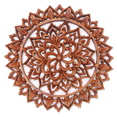 Wood relief panel, 'Flower Farm' - Artisan Crafted Suar Wood Relief Panel