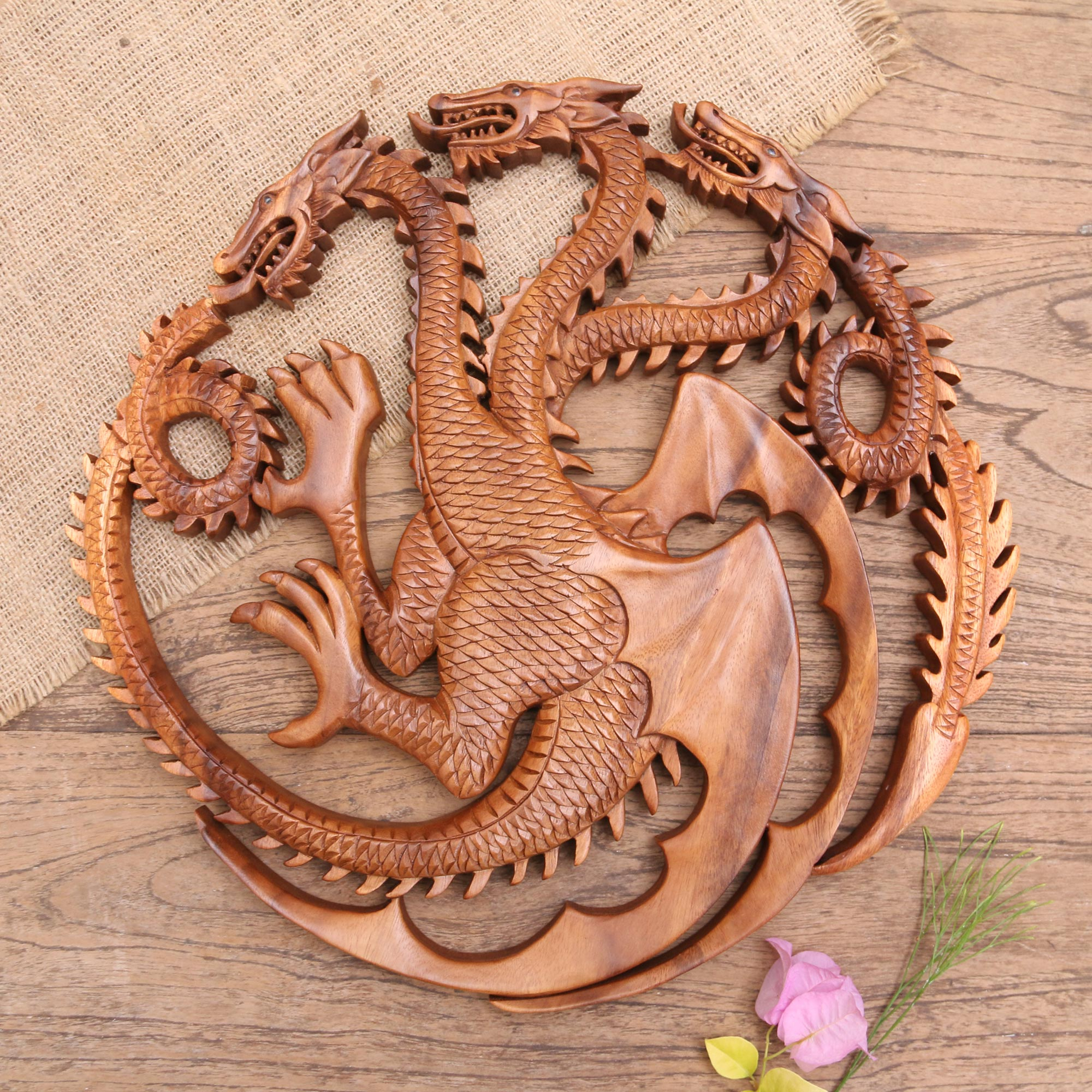 Handmade Suar Wood Dragon-Motif Relief Panel, 'King Ghidorah