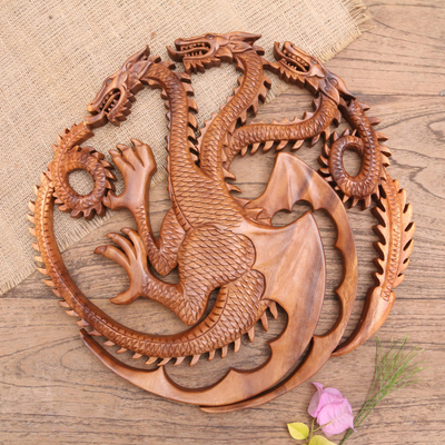 Panel en relieve de madera - Panel en relieve con motivo de dragón hecho a mano en madera de suar