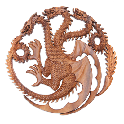 Handmade Suar Wood Dragon-Motif Relief Panel