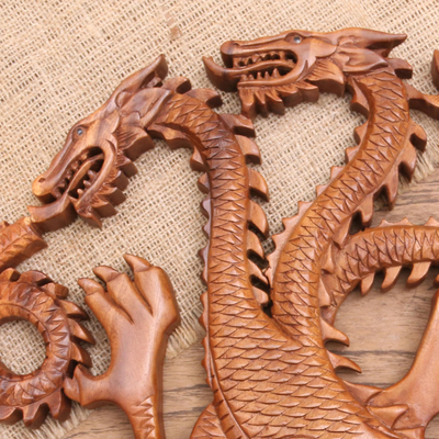 Panel en relieve de madera - Panel en relieve con motivo de dragón hecho a mano en madera de suar
