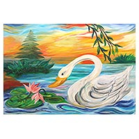 'Sarasvati Lake' - Oil on Canvas Swan Painting