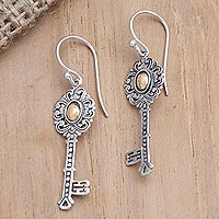 Gold-accented dangle earrings, 'Unlock' - Gold-Accented Sterling Silver Key-Motif Dangle Earrings