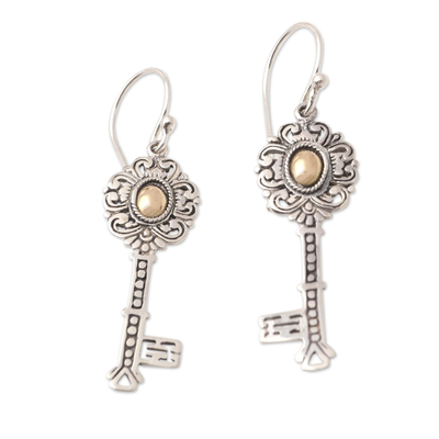 Gold-Accented Sterling Silver Key-Motif Dangle Earrings