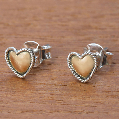 Pendientes de botón chapados en oro - Pendientes de tuerca con motivo de corazón en plata de primera ley recubierta de oro