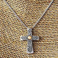 Gold-Accented Sterling Silver Cross-Motif Pendant Necklace,'Grace from Above'